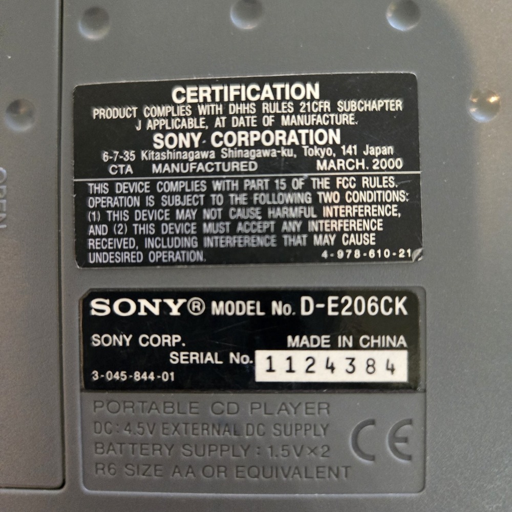 Sony Discman Car Ready ESP2 Digital Mega Bass Portable‎ CD Player D-E206CK Read! - Picture 6 of 6
